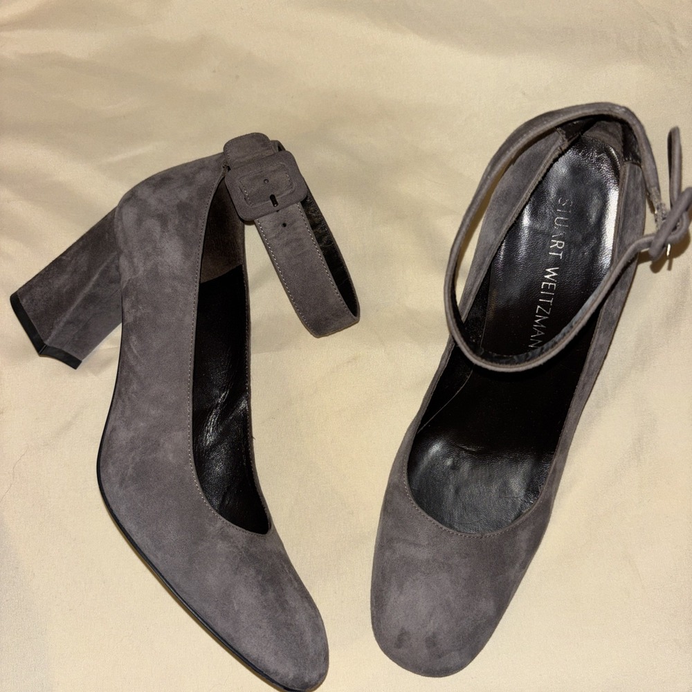 Stuart Weitzman 9.5 M Clara Block Heel Ankle Strap Pumps Gray Suede Leather